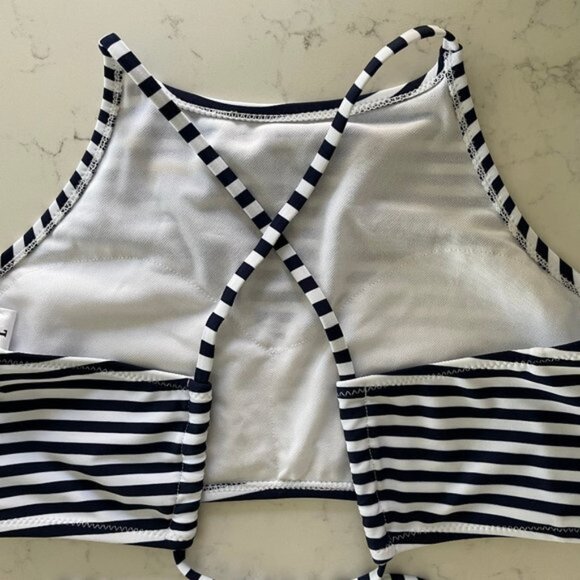 Shekini High Neck Lace Up Back Striped 2 Piece Bikini Set Navy   White Sz L NWOT - Picture 6 of 12